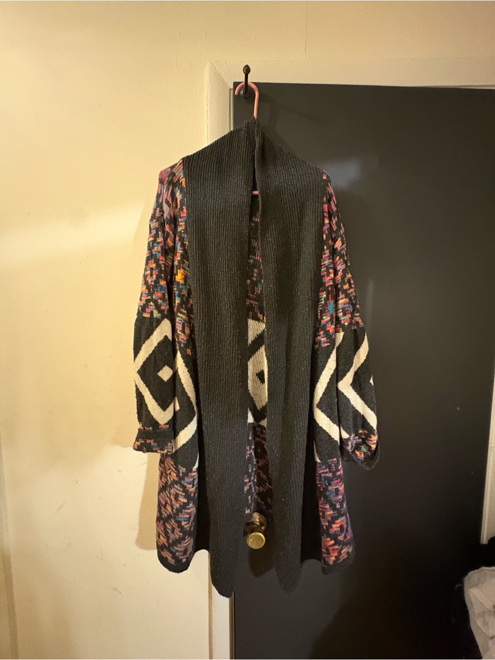 Oversized Black Multicolor Geometric Open-Front Sweater Cardigan